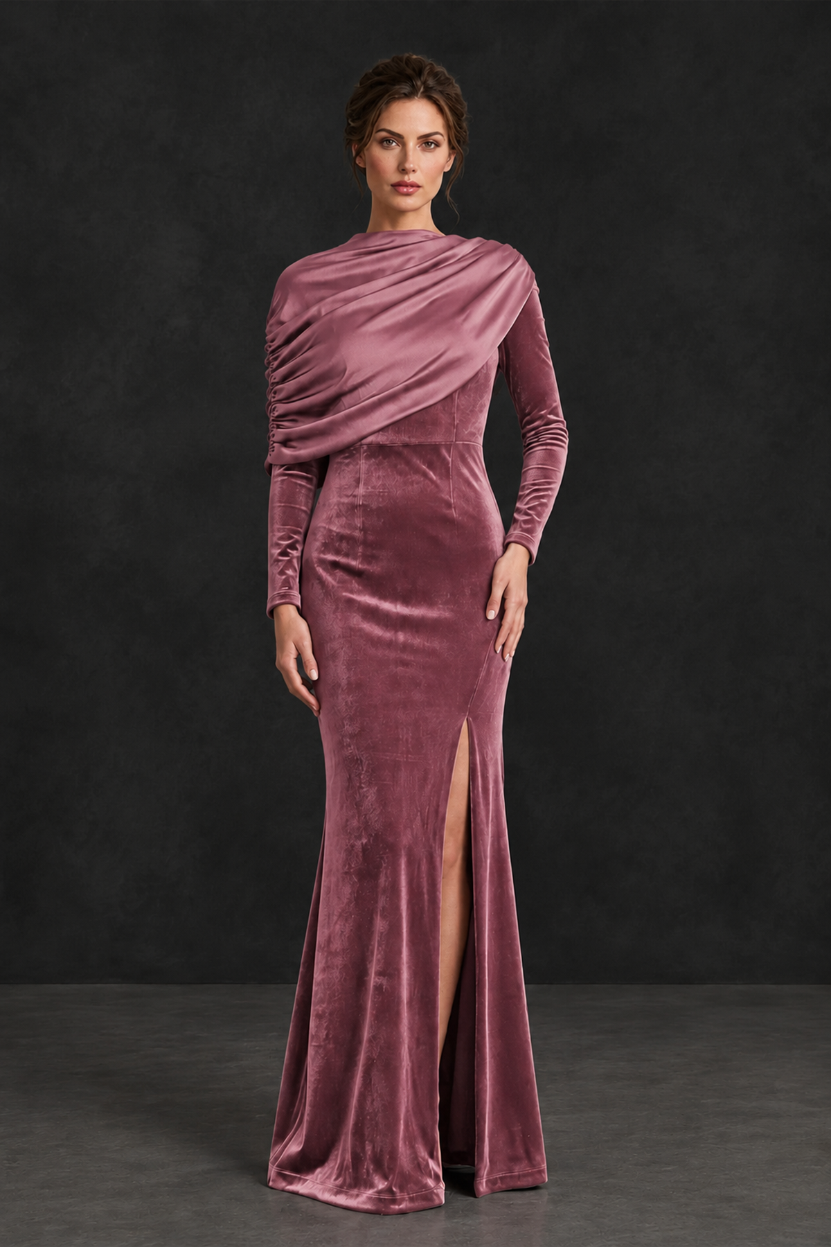 BOLODOO Dusty Rose Velvet Long Sleeve Draped Mother of the Bride Dress - Dusty Rose - Dusty_Rose_1
