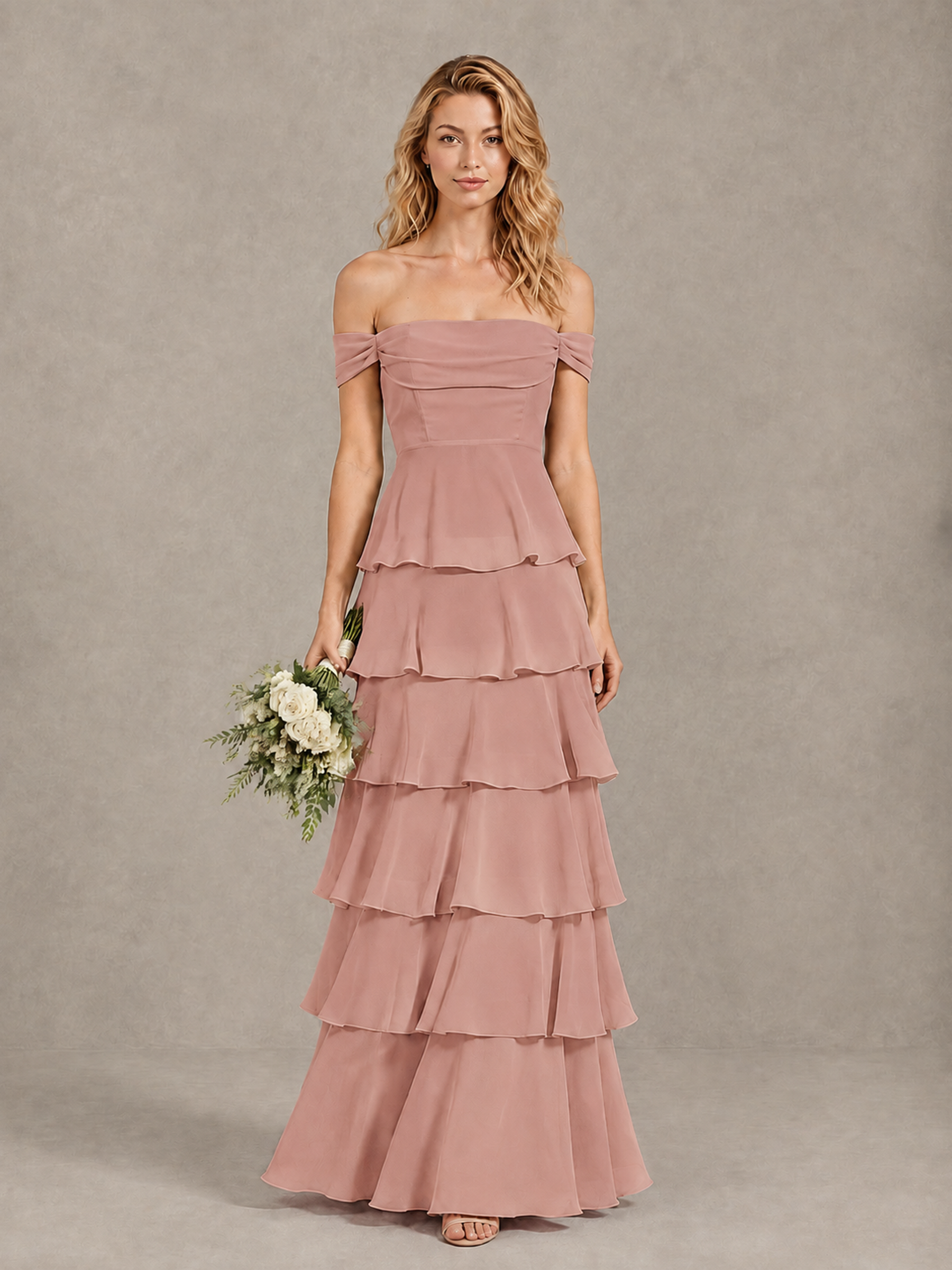 Dusty Rose Off-Shoulder Tiered Bridesmaid Dress | BOLODOO