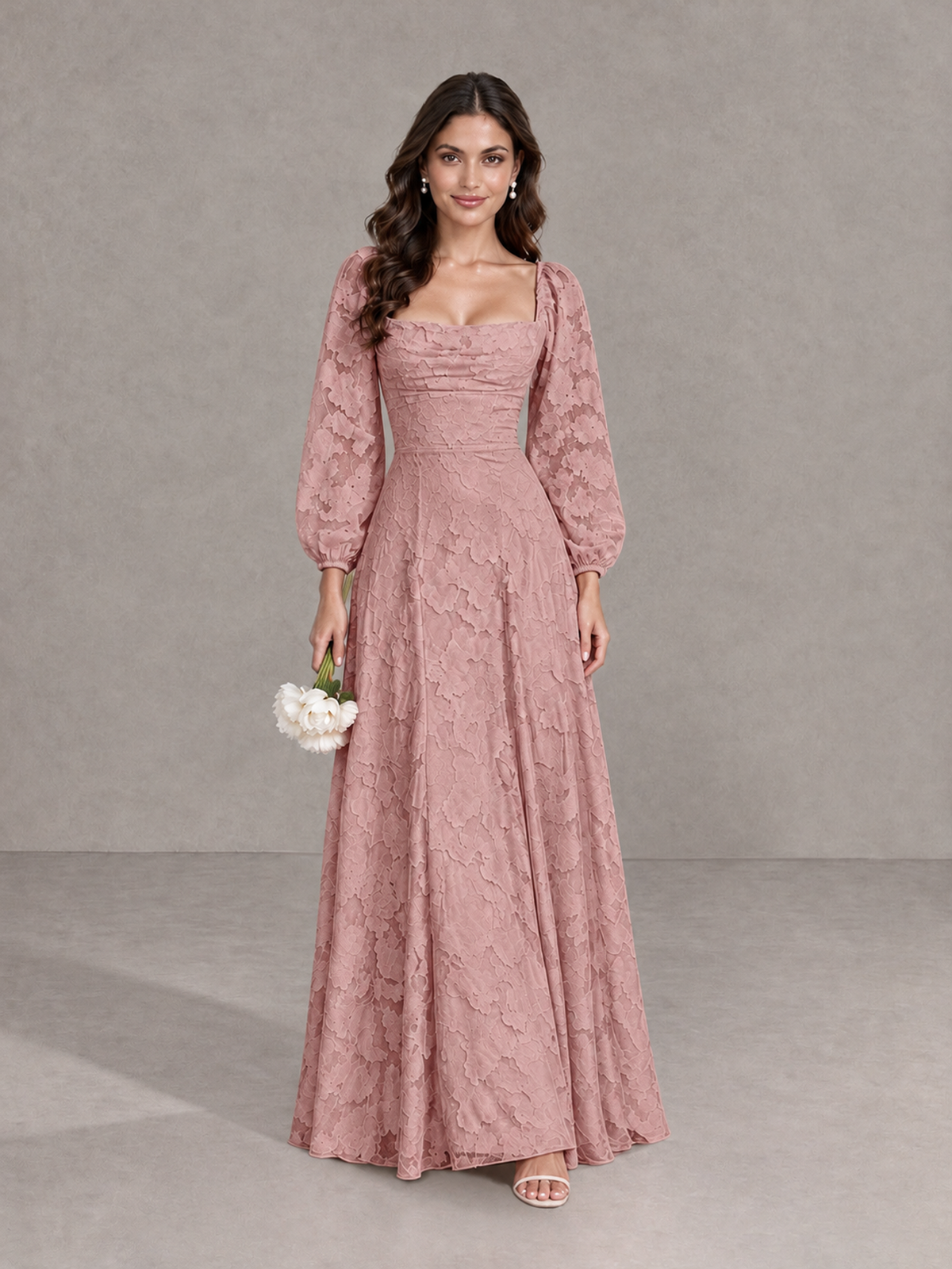 BOLODOO Dusty Rose Floral Long Sleeve A-Line Bridesmaid Dress - Dusty Rose - Dusty Rose_1