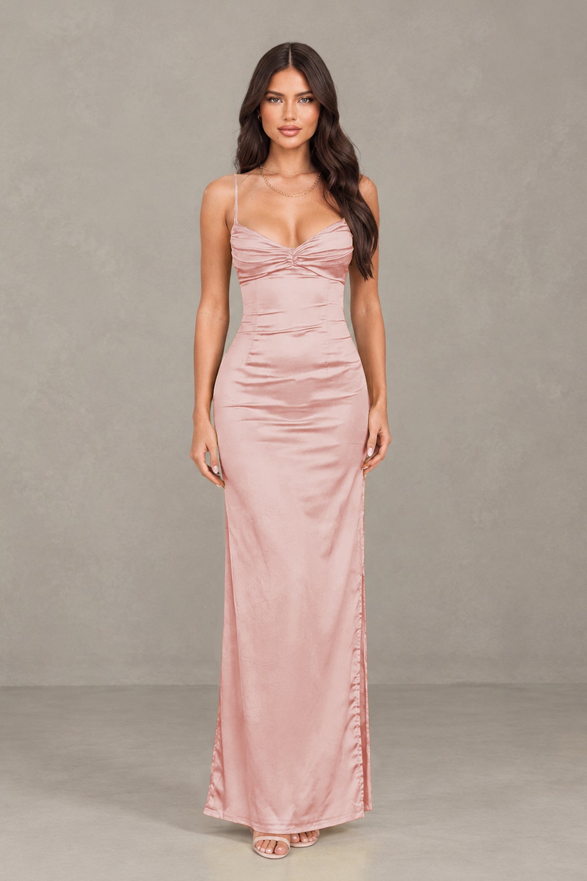 BOLODOO Dusty Rose Satin Cowl Neck Open Back Mermaid Maxi Dress with Side Slit - Dusty Rose