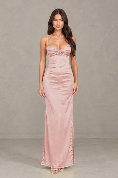 BOLODOO Dusty Rose Satin Cowl Neck Open Back Mermaid Maxi Dress with Side Slit - Dusty Rose