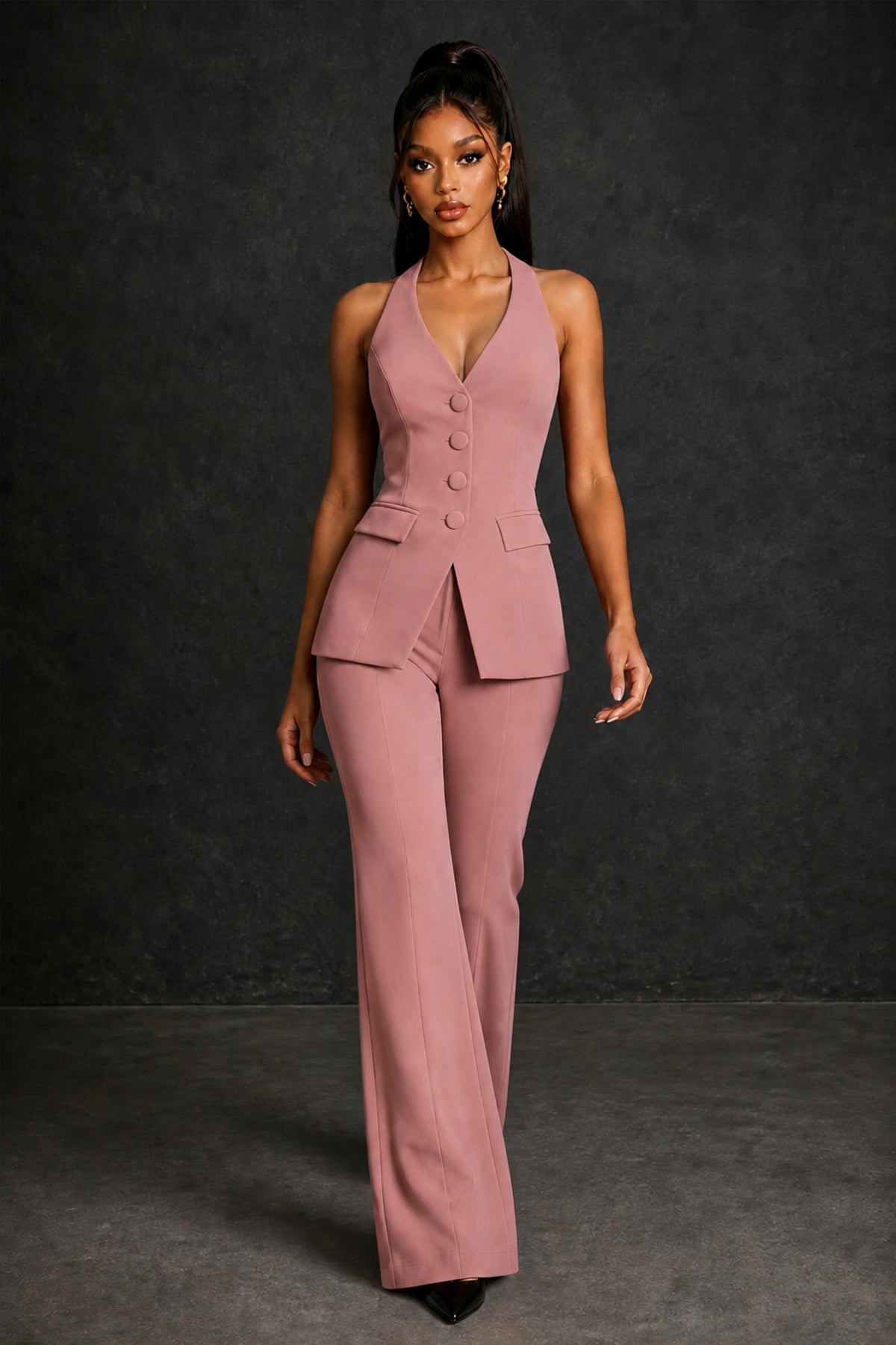 BOLODOO Dusty Rose Halter Neck Deep V Open Back– Formal Suit with Wide-Leg Pants - Dusty Rose