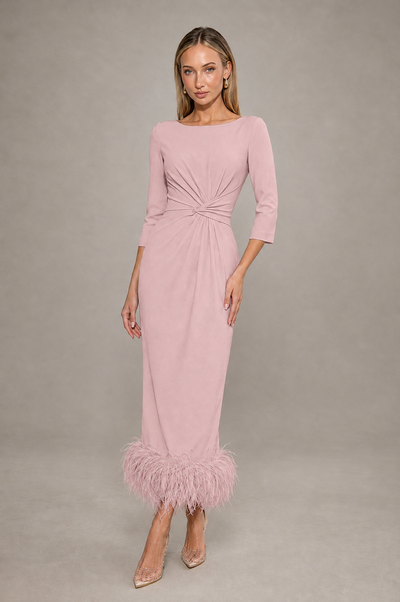 BOLODOO Dusty Rose Feather-Trim Twist-Waist Midi Dress - Dusty Rose - Dusty_Rose_1