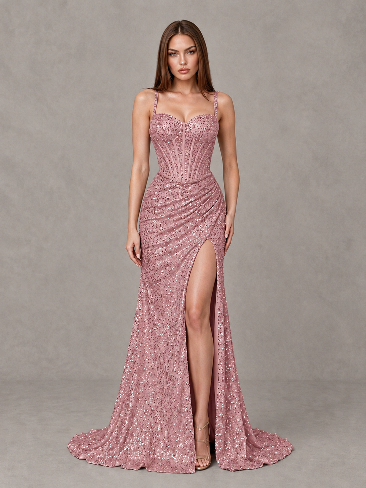 BOLODOO Dusty Rose Sequin Corset Evening Gown with High Slit - Dusty Rose - Dusty Rose_1