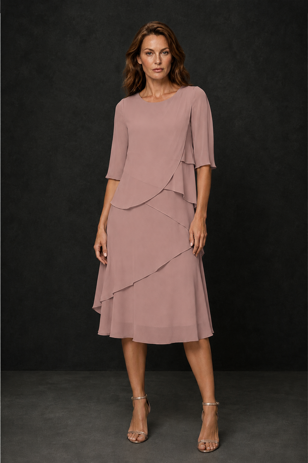 BOLODOO Dusty Rose Chiffon 3/4 Sleeve Asymmetric Tiered Tea Length Dress | Mother of the Bride Midi Dress - Dusty Rose