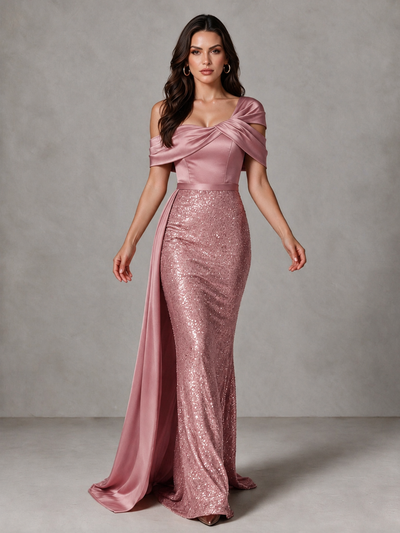 BOLODOO Dusty Rose Sequin Mermaid Evening Dress with Off-Shoulder Satin Drape and Sweep Train - Dusty Rose - Dusty Rose_1