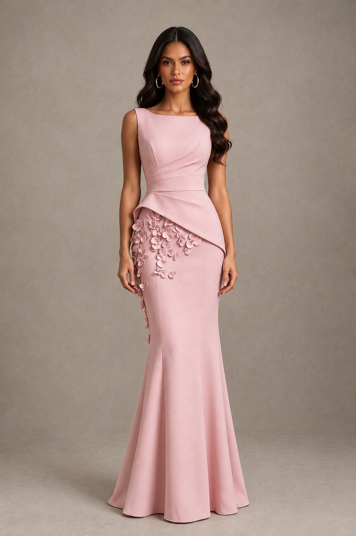 BOLODOO Dusty Rose Bateau Neck Sleeveless Asymmetric Peplum 3D Petal Appliqué Mermaid Gown BD0421 - Dusty Rose - Dusty Rose_1