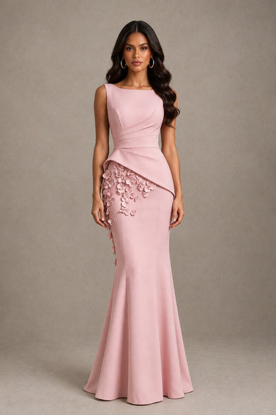 BOLODOO Dusty Rose Bateau Neck Sleeveless Asymmetric Peplum 3D Petal Appliqué Mermaid Gown BD0421 - Dusty Rose - Dusty Rose_1