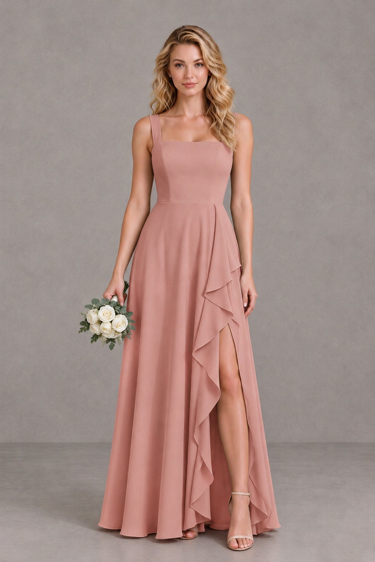 BOLODOO Dusty Rose Square Neck Ruffle A-Line Bridesmaid Dress with Slit - Dusty Rose - Dusty Rose_1
