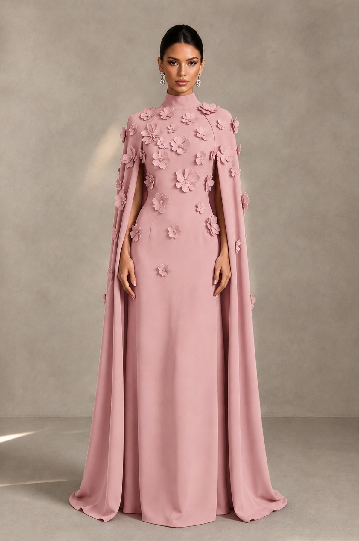 BOLODOO Dusty Rose 3D Floral Applique Cape Formal Dress - Dusty Rose - Dusty Rose_1