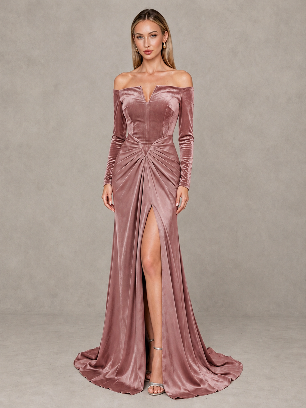 BOLODOO Dusty Rose Off-Shoulder Velvet Evening Gown with High Slit - Dusty Rose - Dusty Rose_1