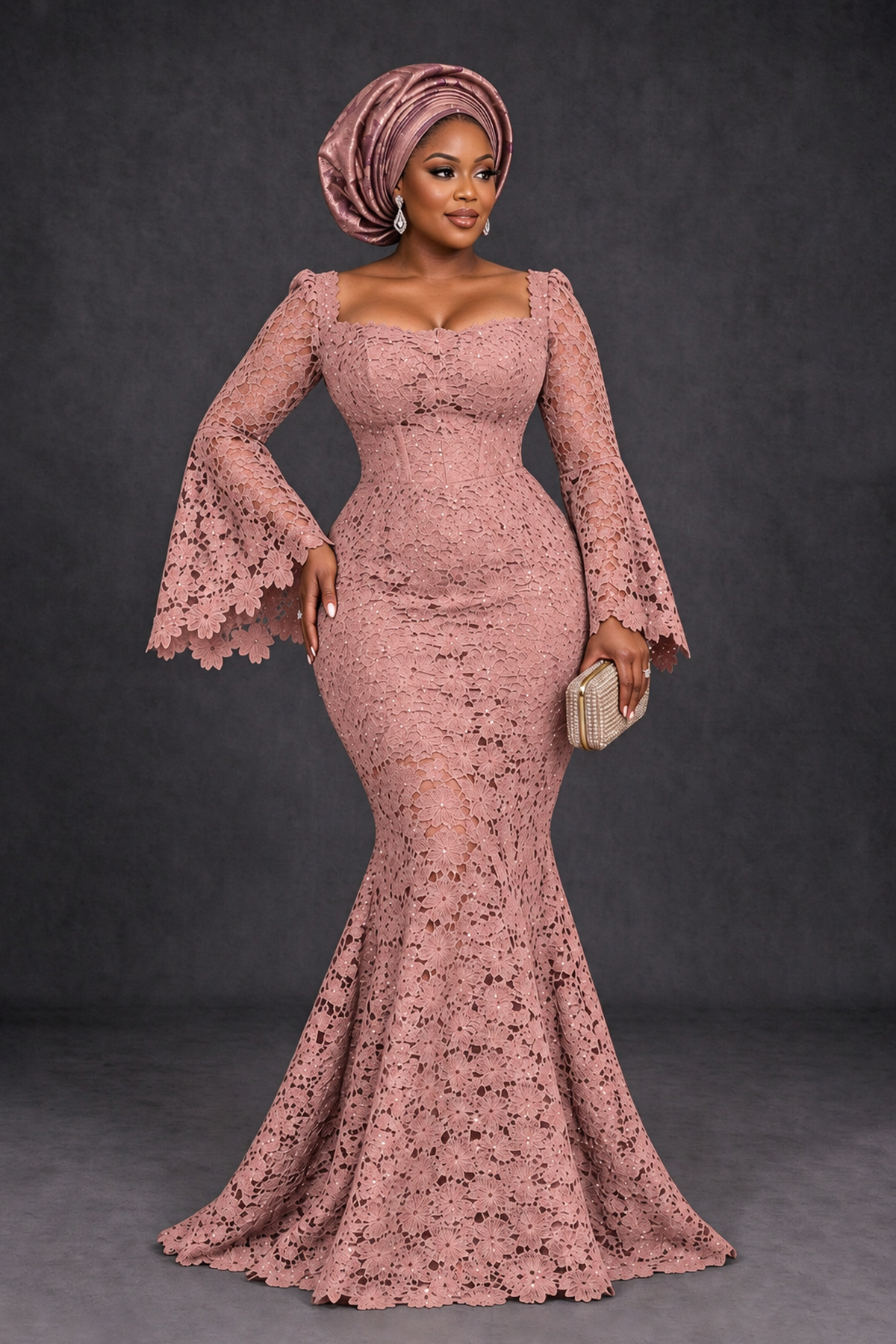 BOLODOO Dusty Rose African Lace Mermaid Dress, Plus Size Nigerian Wedding Guest Gown with Bell Sleeves - Dusty Rose - Dusty Rose_1