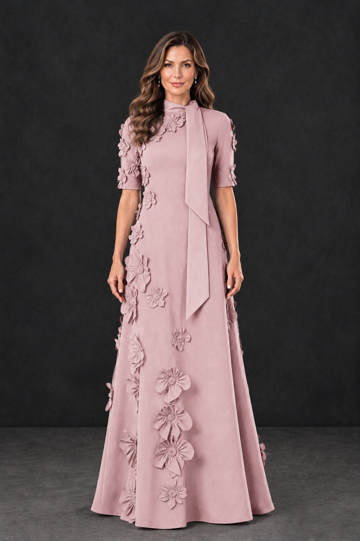 BOLODOO Dusty Rose Floral Applique High-Neck Half-Sleeve Gown - Dusty Rose - Dusty Rose_1
