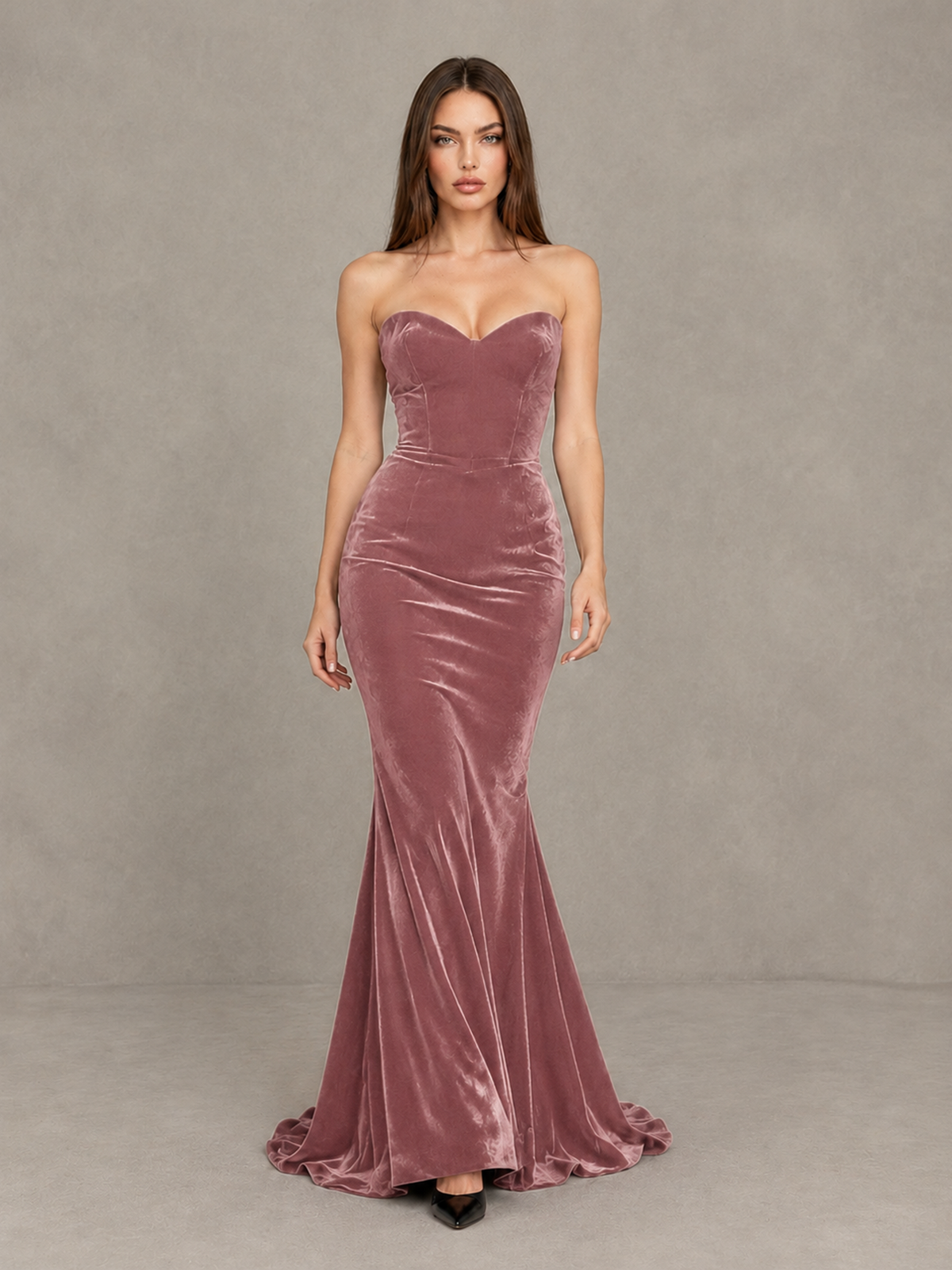 BOLODOO Dusty Rose Strapless Sweetheart Velvet-Look Mermaid Evening Dress - Dusty Rose - Dusty Rose_1