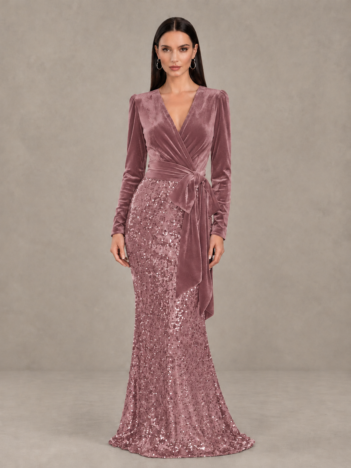 BOLODOO Dusty Rose Velvet & Sequin Long Sleeve V-Neck Mermaid Evening Gown - Dusty Rose - Dusty Rose_1