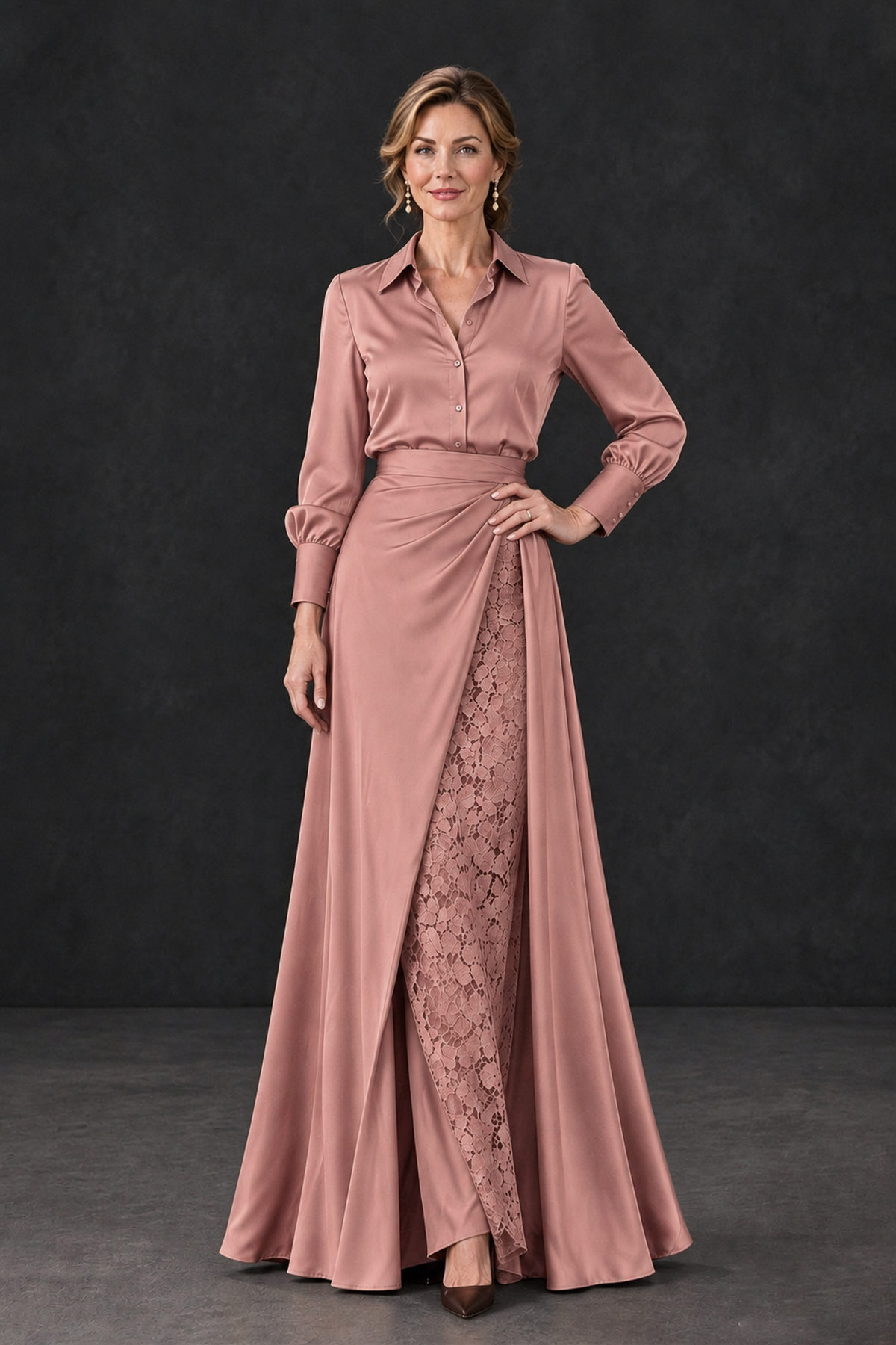 BOLODOO Dusty Rose Long Sleeve Satin-Look Lace Panel Gown - Dusty Rose - Dusty Rose_1