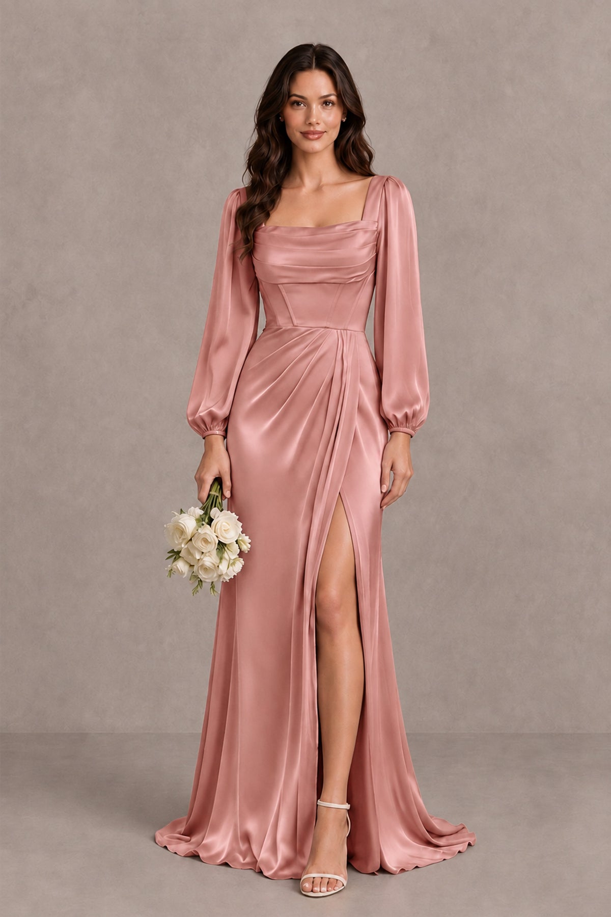 BOLODOO Dusty Rose Satin-Look Long Sleeve Evening Dress with High Slit - Dusty Rose - Dusty Rose_1