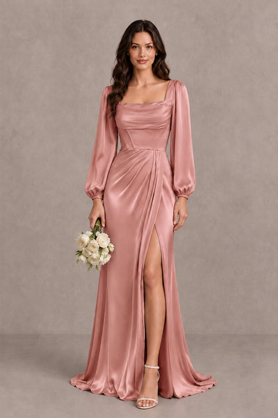 BOLODOO Dusty Rose Satin-Look Long Sleeve Evening Dress with High Slit - Dusty Rose - Dusty Rose_1