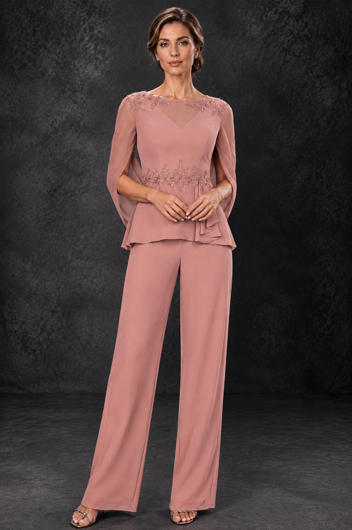 BOLODOO Dusty Rose Embellished Cape Sleeve Mother of the Bride Pantsuit - Dusty Rose - Dusty_Rose_1