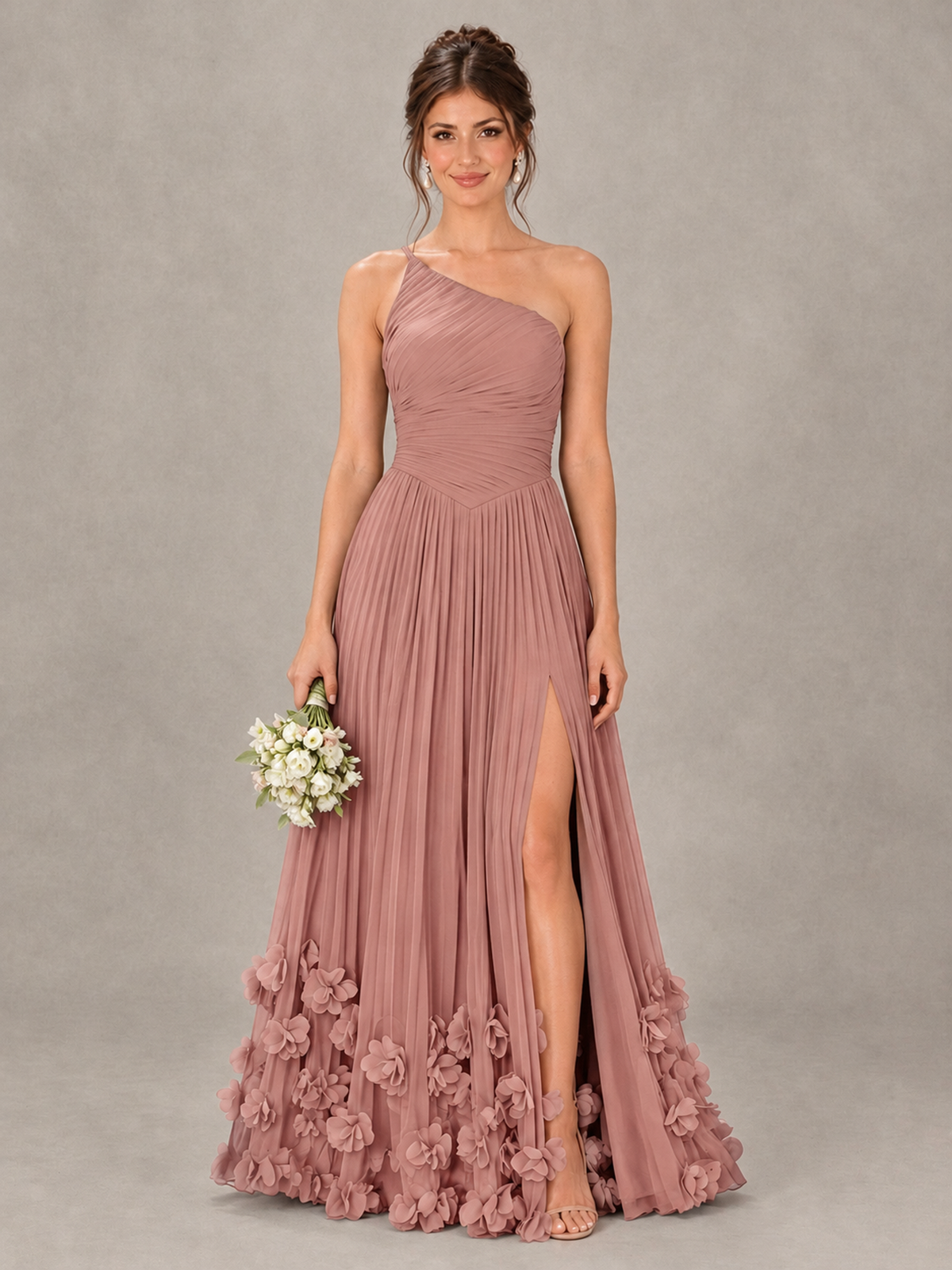 BOLODOO Dusty Rose One-Shoulder Pleated Bridesmaid Dress with 3D Floral Hem - Dusty Rose - Dusty Rose_1