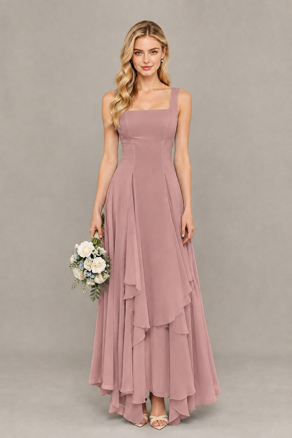 BOLODOO Dusty Rose Square Neck Chiffon Bridesmaid Dress with Lace-Up Back - Dusty Rose