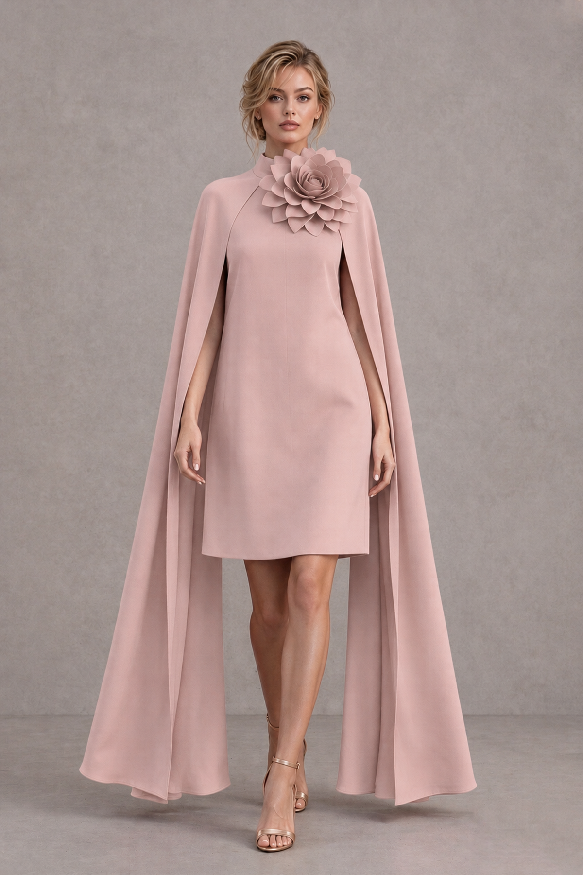 BOLODOO Dusty Rose High Neck Floral Cape Mini Cocktail Dress - Dusty Rose - Dusty Rose_1