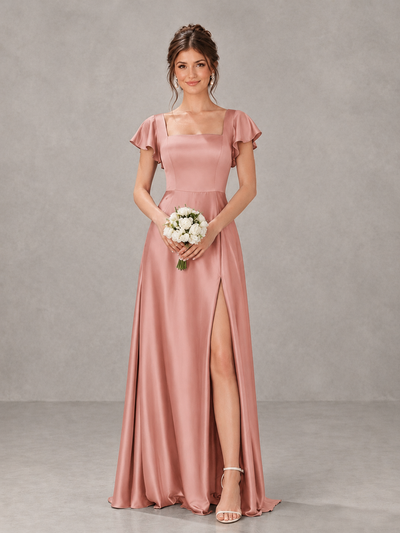 BOLODOO Dusty Rose Satin Square Neck Flutter Sleeve A-Line Bridesmaid Dress with Slit - Dusty Rose - Dusty Rose_1