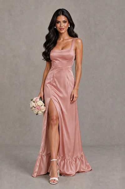 BOLODOO Dusty Rose Square Neck Satin Evening Dress with Lace-Up Back and High Slit - Dusty Rose - Dusty Rose_1