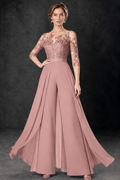 BOLODOO Dusty Rose Lace Wide-Leg Jumpsuit with Three-Quarter Sleeves - Dusty Rose - Dusty_Rose_1
