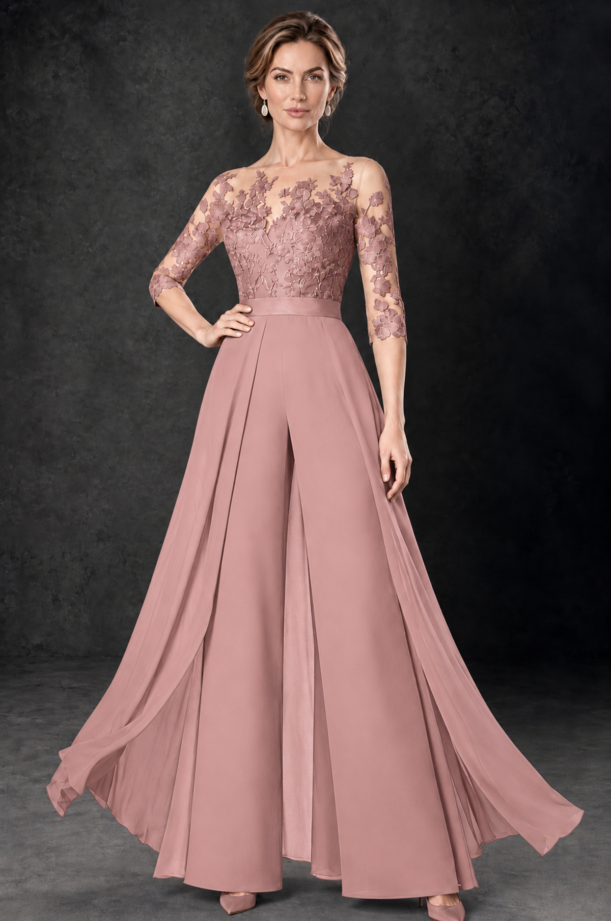 BOLODOO Dusty Rose Lace Wide-Leg Jumpsuit with Three-Quarter Sleeves - Dusty Rose - Dusty_Rose_1