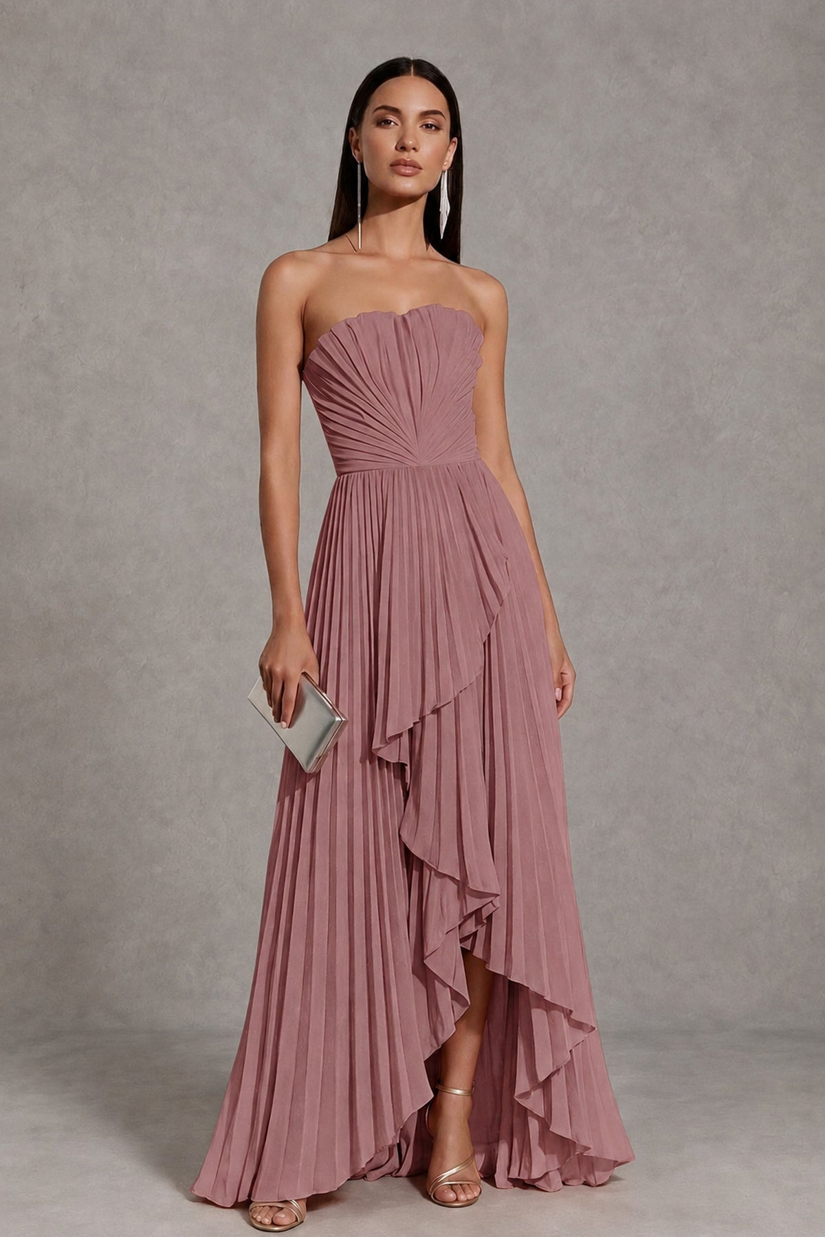 Dusty Rose Strapless Pleated High-Low Evening Gown with Ruffle Hem - Dusty Rose