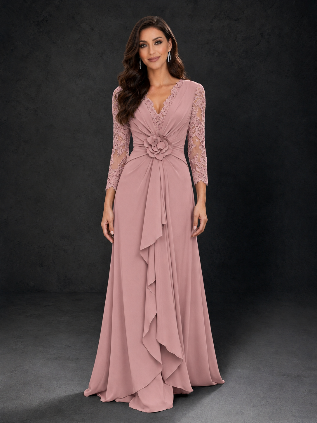 BOLODOO Dusty Rose Lace Sleeve V-Neck Floral Waist Chiffon A-Line Maxi Dress - Dusty Rose