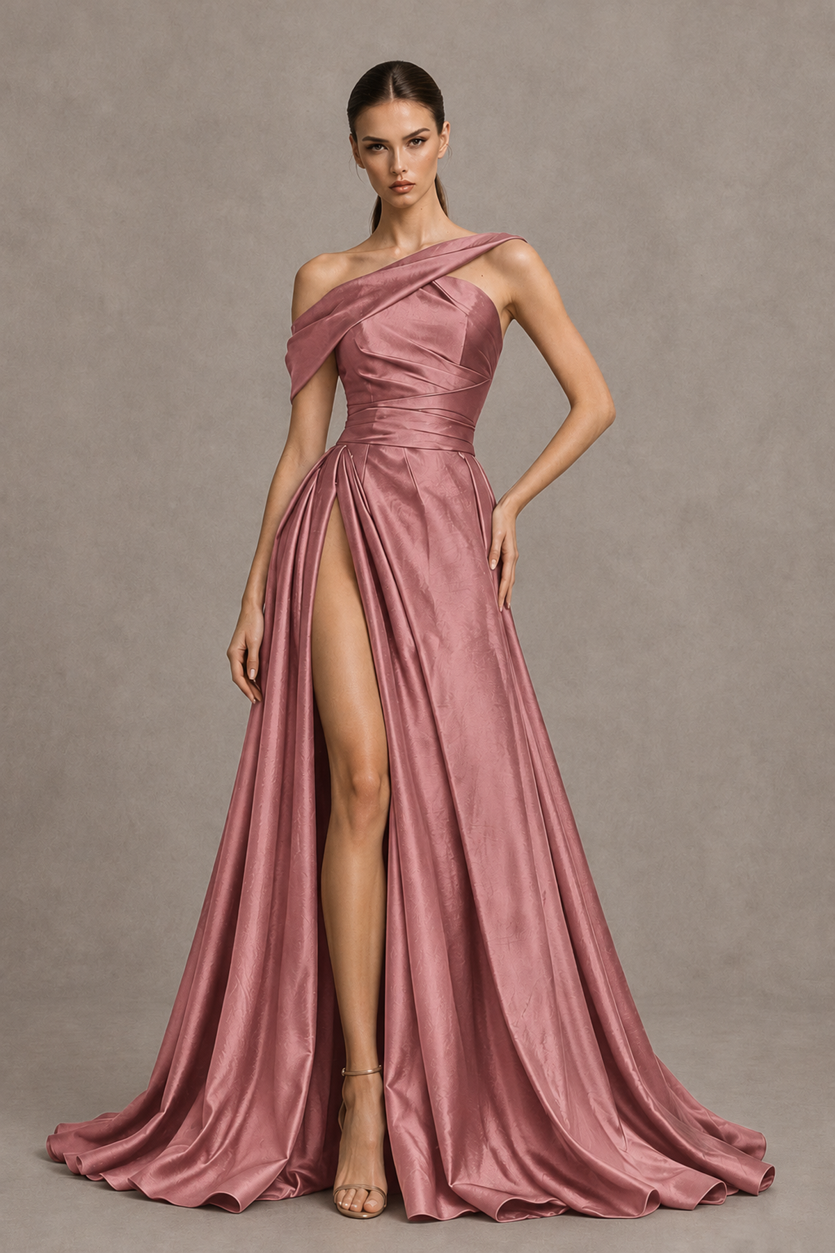 BOLODOO Dusty Rose Asymmetric Satin-Look A-Line Prom Dress with High Slit - Dusty Rose - Dusty Rose_1