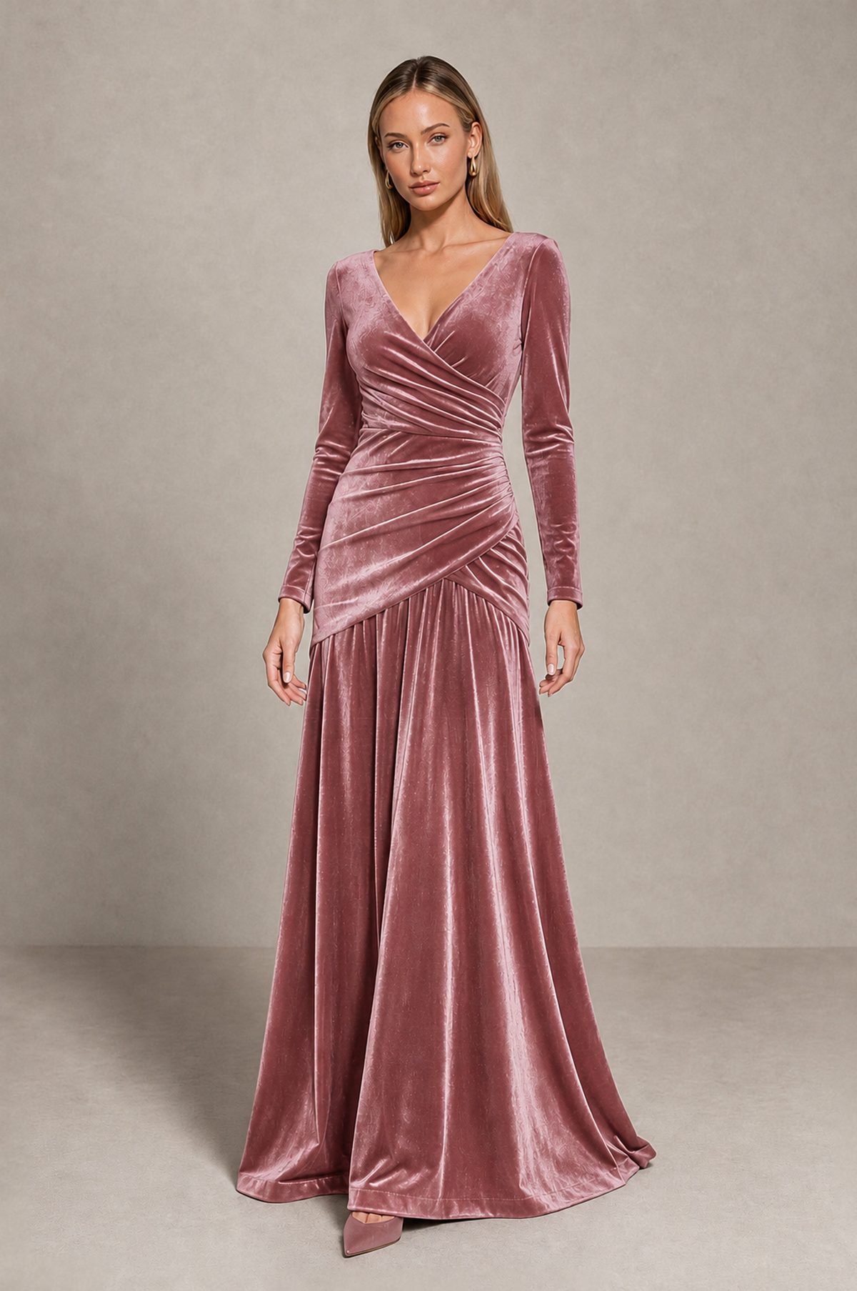 BOLODOO Dusty Rose Velvet Long Sleeve V-Neck Ruched Evening Dress - Dusty Rose - Dusty_Rose_1