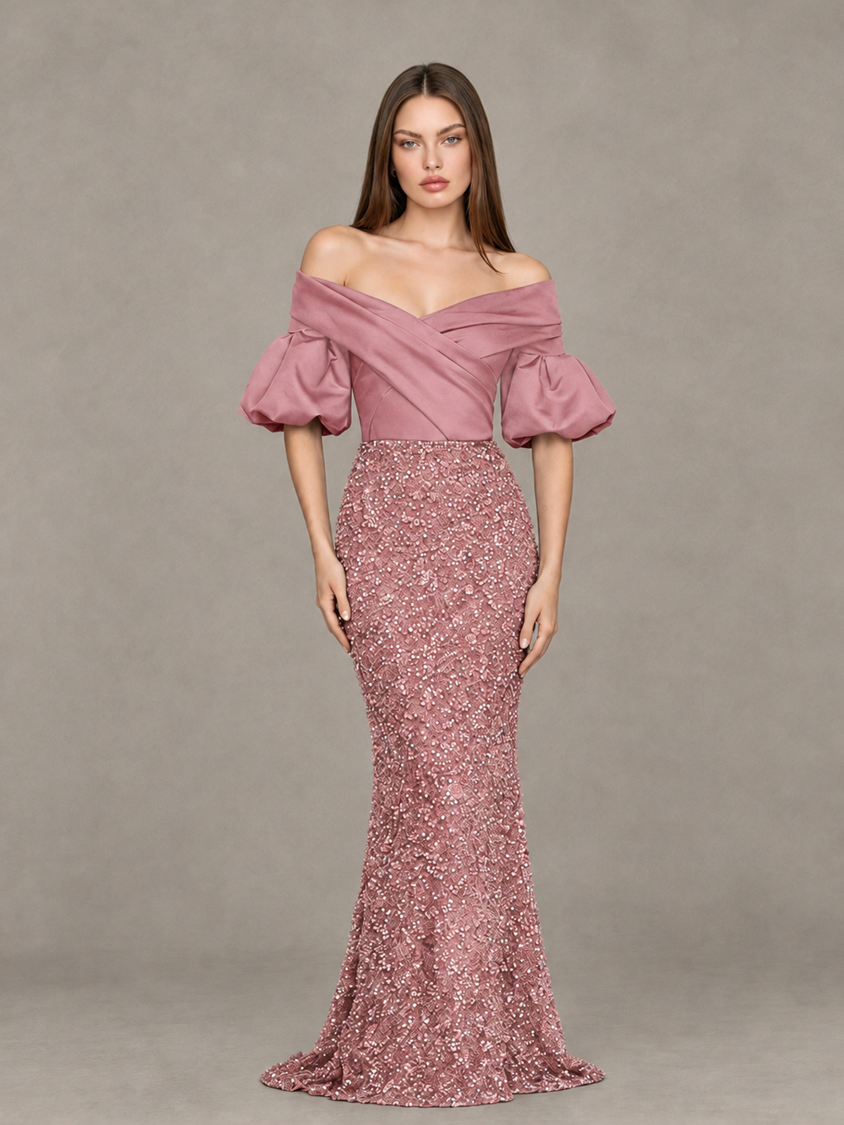 BOLODOO Dusty Rose Off-Shoulder Puff Sleeve Sequin Mermaid Evening Dress - Dusty Rose - Dusty Rose_1