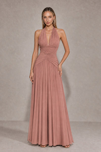 BOLODOO Dusty Rose Chiffon Halter Deep V-Neck Ruched A-Line Backless Maxi Dress with Train-BD0167 - Dusty Rose - Dusty Rose_1