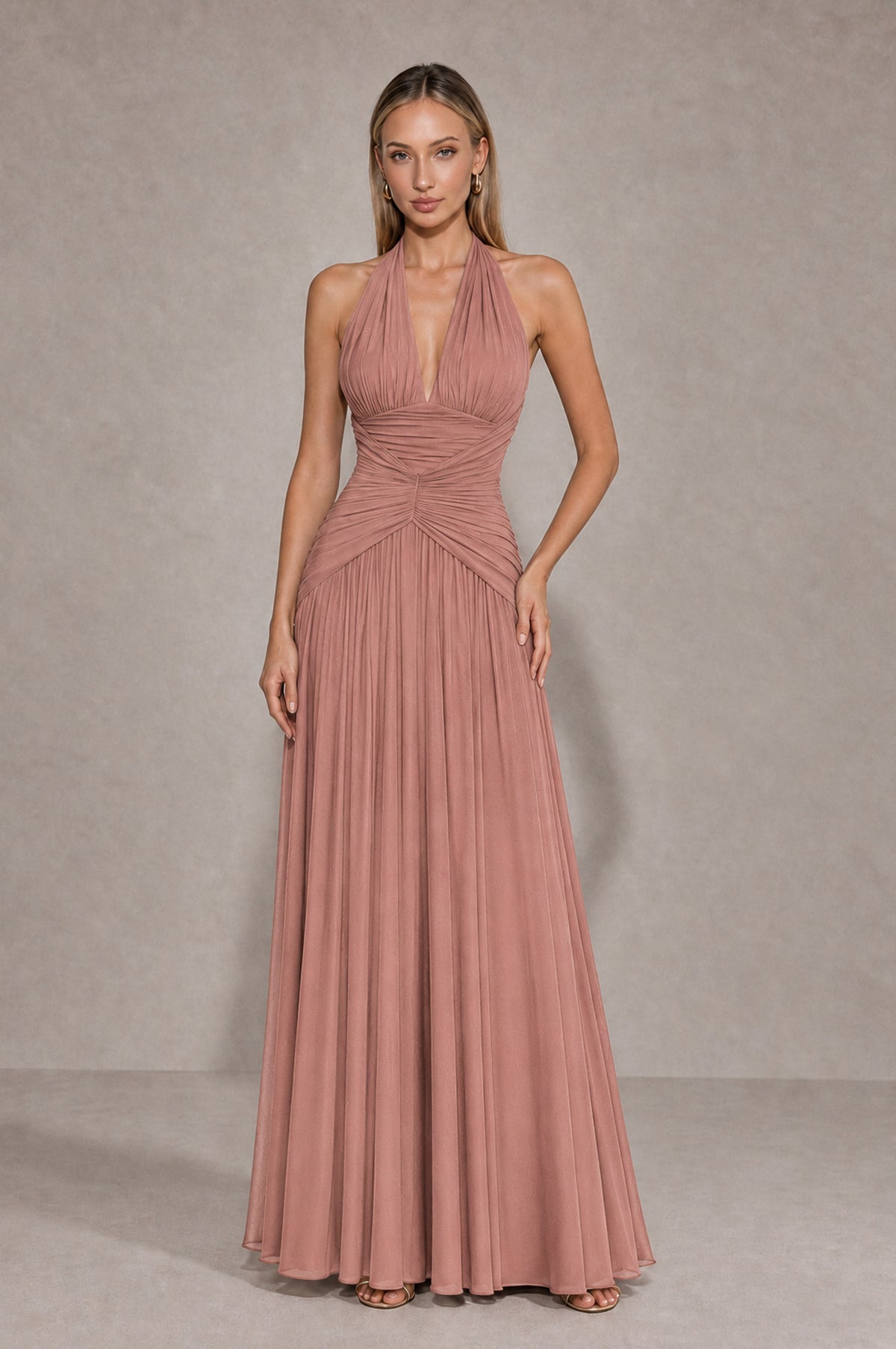 BOLODOO Dusty Rose Chiffon Halter Deep V-Neck Ruched A-Line Backless Maxi Dress with Train-BD0167 - Dusty Rose - Dusty Rose_1
