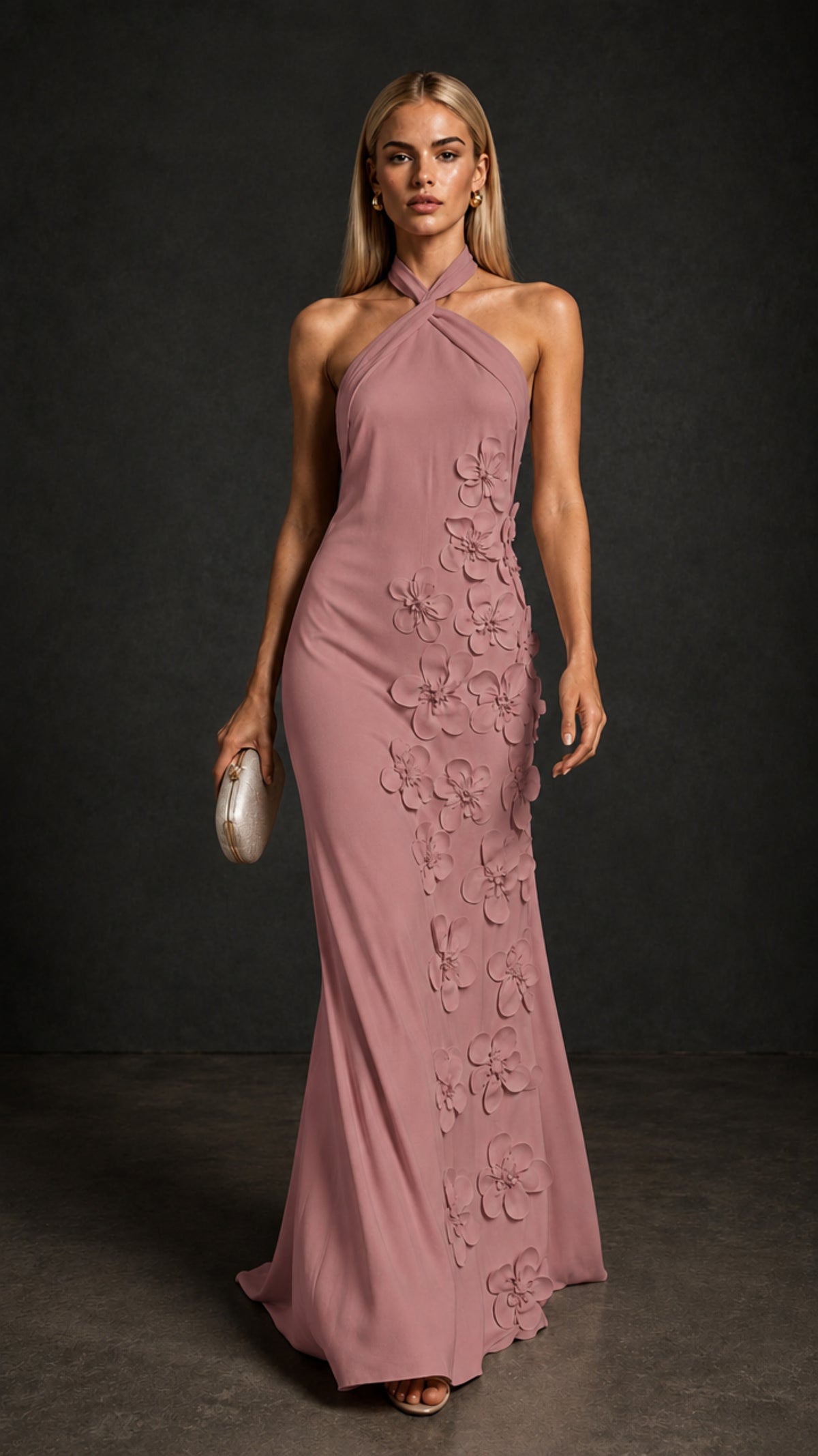 BOLODOO Dusty Rose Cross Halter Neck 3D Floral Appliqué Backless Mermaid Maxi Gown - Dusty Rose