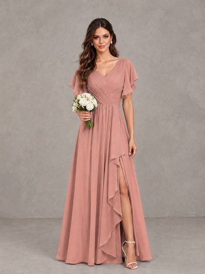 BOLODOO Dusty Rose Flutter Sleeve V-Neck Bridesmaid Dress with Ruffle Slit - Dusty Rose - Dusty Rose_1