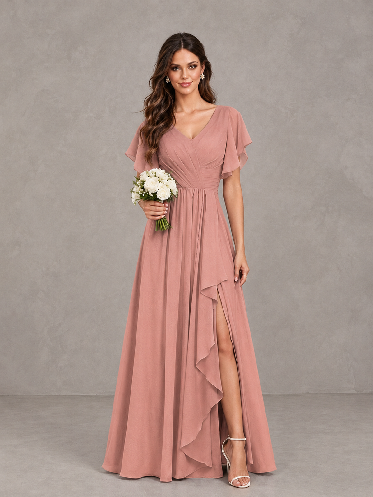 BOLODOO Dusty Rose Flutter Sleeve V-Neck Bridesmaid Dress with Ruffle Slit - Dusty Rose - Dusty Rose_1