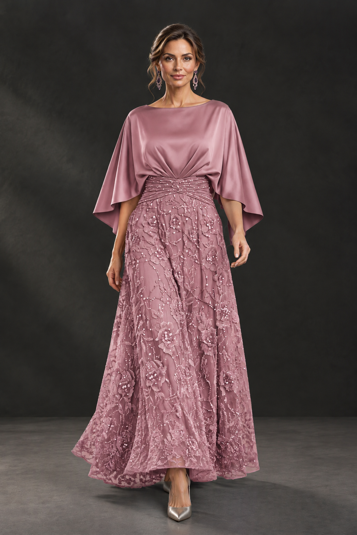 BOLODOO Dusty Rose Cape Sleeve Floral Mother of the Bride Dress - Dusty Rose - Dusty Rose_1