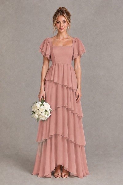 BOLODOO Dusty Rose Square Neck Flutter Sleeve Tiered Chiffon Bridesmaid Dress with Lace-Up Back - Dusty Rose - Dusty Rose_1