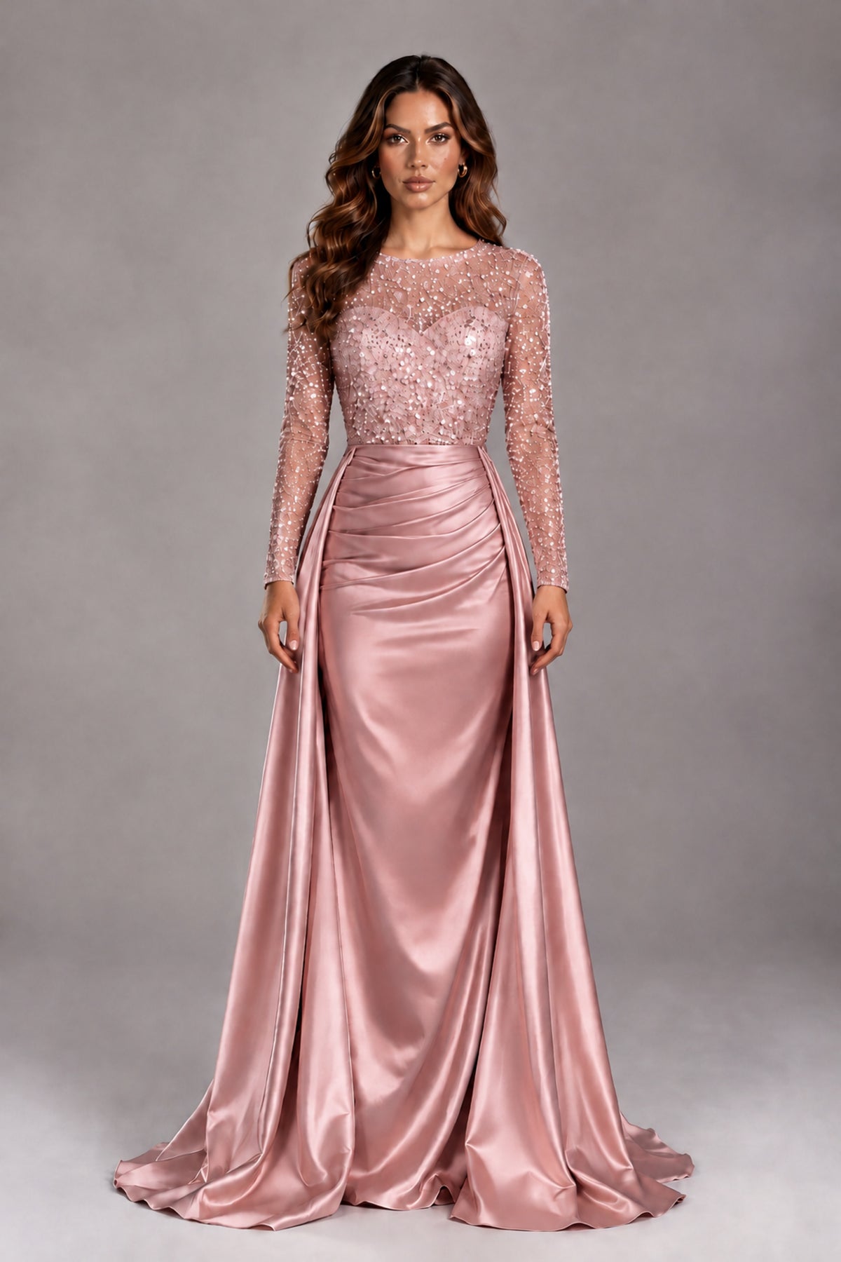 BOLODOO Dusty Rose Long Sleeve Embellished Satin Evening Gown with Sweep Train - Dusty Rose - Dusty Rose_1