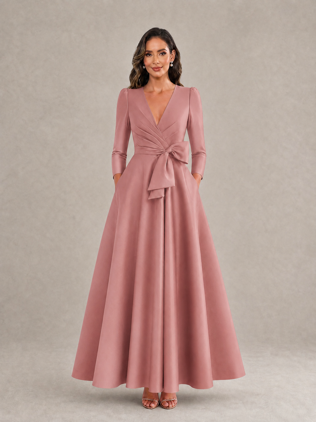 BOLODOO Dusty Rose Satin Deep V-Neck Wrap 3/4 Puff Sleeve A-Line Ball Gown Maxi Dress with Oversized Bow Belt - Dusty Rose