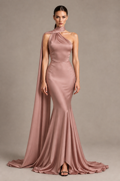 BOLODOO Dusty Rose One-Shoulder Satin Mermaid Evening Dress with Scarf - Dusty Rose - Dusty Rose_1