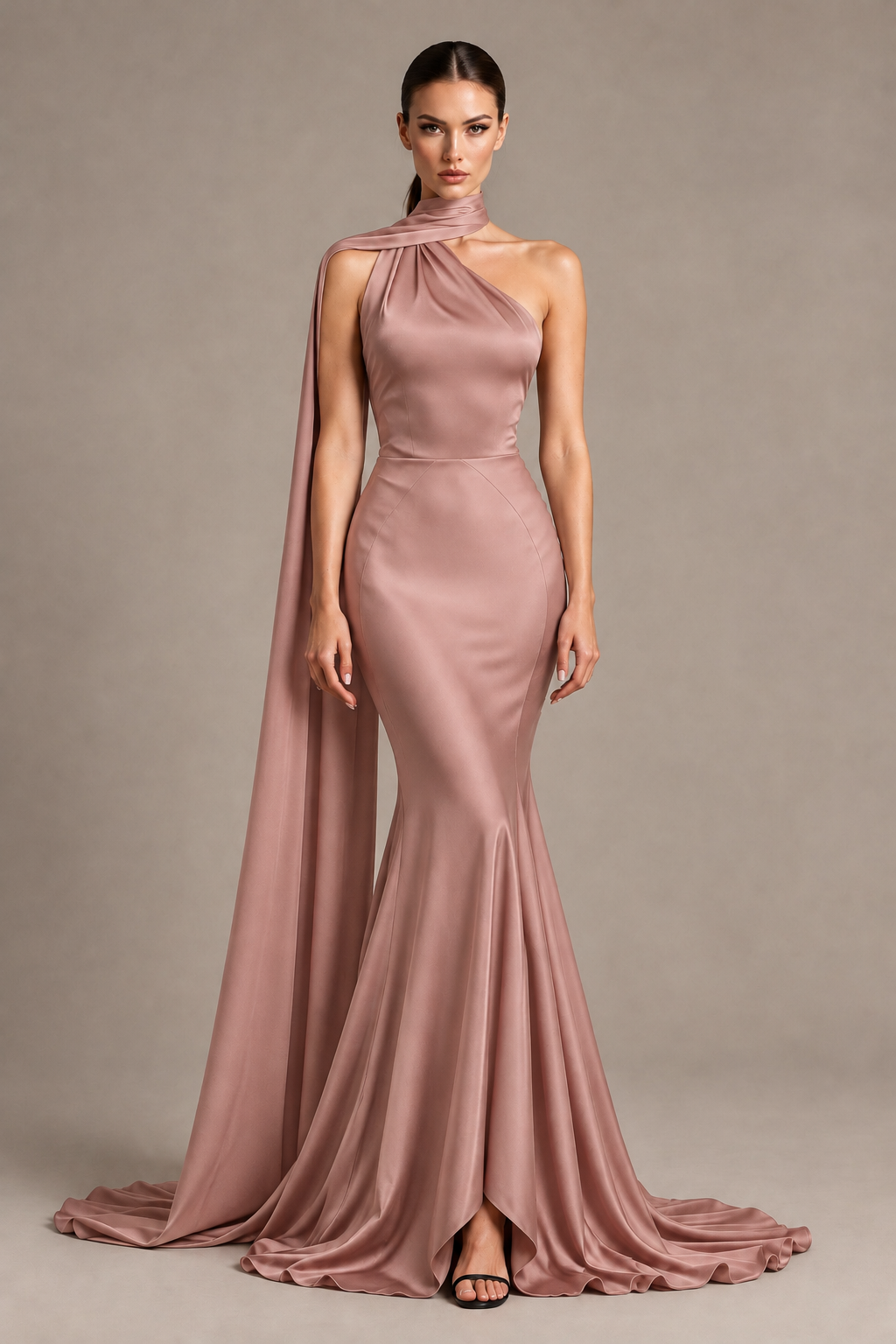 BOLODOO Dusty Rose One-Shoulder Satin Mermaid Evening Dress with Scarf - Dusty Rose - Dusty Rose_1