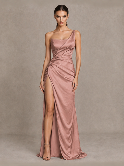 BOLODOO Dusty Rose One Shoulder Satin Evening Gown with High Slit and Sweep Train - Dusty Rose - Dusty Rose_1