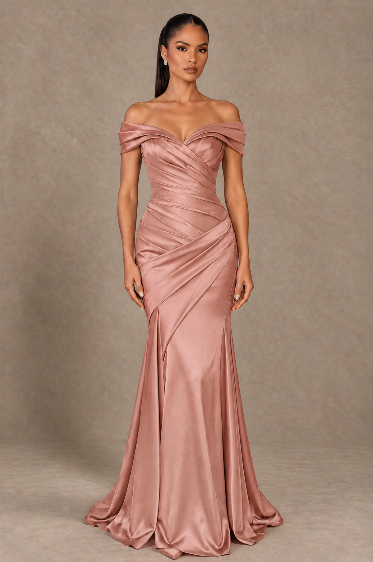 BOLODOO Dusty Rose Off-the-Shoulder Ruched Satin Mermaid Evening Dress - Dusty Rose - Dusty_Rose_1
