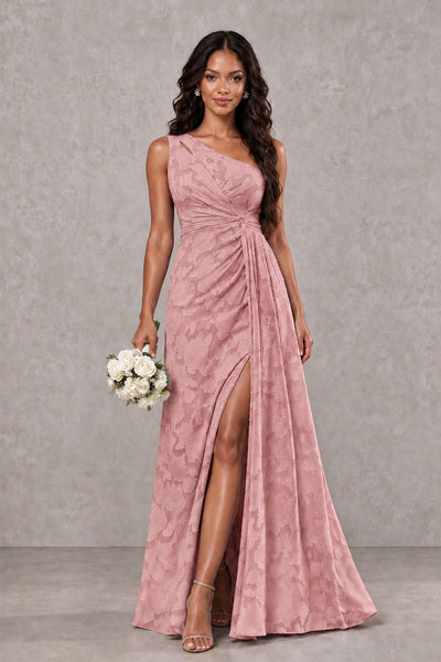 BOLODOO Dusty Rose One-Shoulder Floral Textured Maxi Dress with High Slit - Dusty Rose - Dusty Rose_1