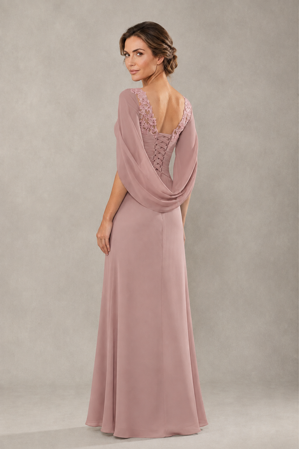 BOLODOO Dusty Rose Chiffon V-Neck Lace Applique Cape Sleeve Cascade Ruffle Lace-Up Back Sheath Maxi Evening Dress - Dusty Rose